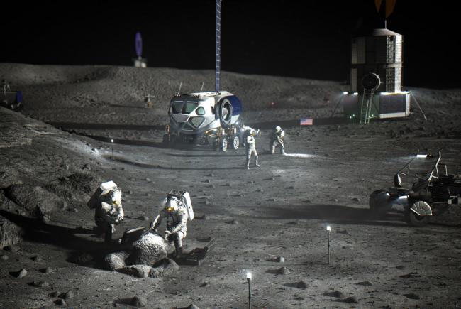 Illustration of astronauts working on the Moon during an Artemis mission.