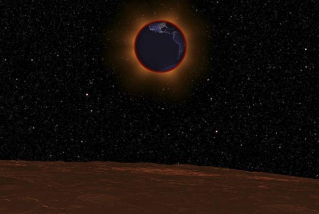 An illustration of a total lunar eclipse seen from the Moon