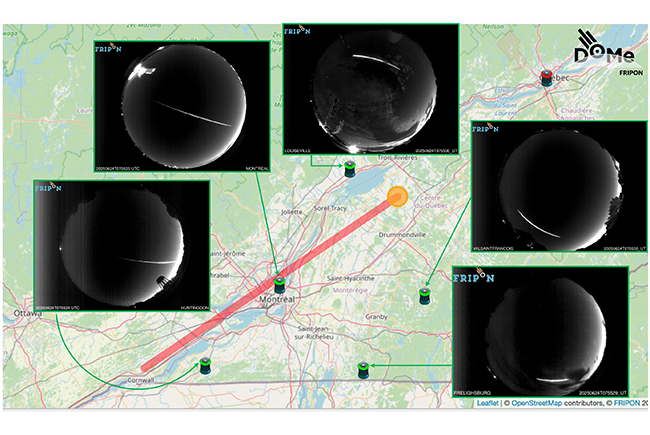 Trajectory of the fireball observed by the DOMe and GMN cameras over Québec on June 24, 2025, at 3:55 UTC (3:55 local time). 