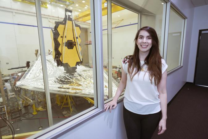 In front of the James Webb Space Telescope at the Northrop Grumman facility