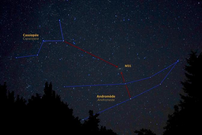 Repérez la galaxie d’Andromède (M31) en utilisant les étoiles de Cassiopée et Andromède.
