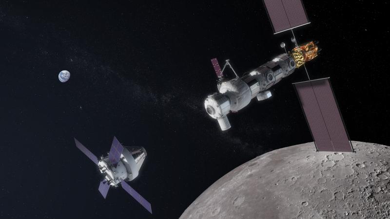 Artist’s view of an Orion spacecraft approaching the Gateway space station.