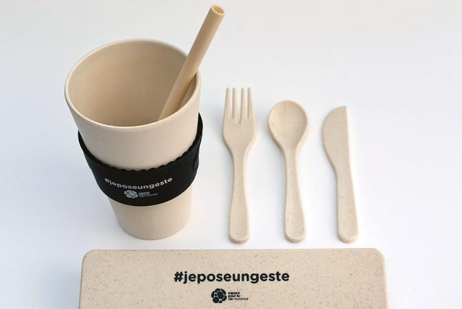 Wheat fiber utensils and a compostable bamboo cup on sale in the Space for Life gift shops.