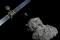 Vue d’artiste de la sonde Rosetta et de l’atterrisseur Philae survolant la comète Tchouri.