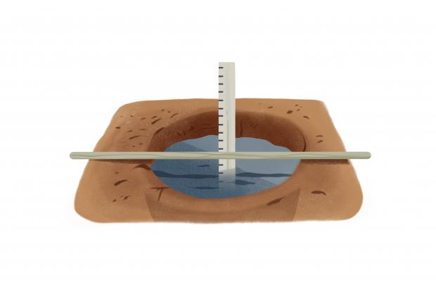 A hole filled with water is used to evaluate the drainage of the soil.