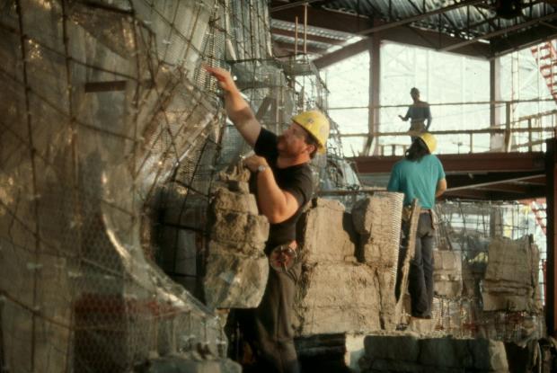 Workers in the Biodôme under construction.