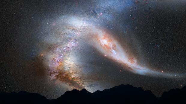 Simulation de notre galaxie entrant en collision avec celle d'Andromède.