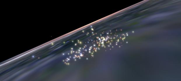 Une vue d’artiste de l’association d’étoiles jeunes μ Tau, découverte en 2020 au Planétarium. On y voit la Galaxie en arrière-plan et les étoiles de l’association jeune. Les étoiles bleues sont chaudes et massives, tandis que les étoiles p