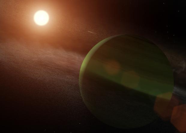 Une vue d’artiste de l’exoplanète AU Mic b, qui a récemment été découverte autour d’une étoile très jeune. L’étoile est si jeune qu’elle a encore un grand disque de débris résultant de l’époque de formation des exoplanètes, ce qui est très rare.
