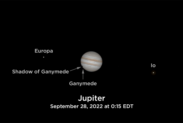 Simulated view of Jupiter through a small telescope two nights after opposition 2022