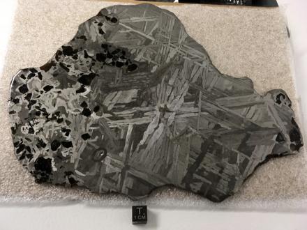  Seymchan meteorite (acquired in October 2019), 672 grams, 23 cm x 17.2 cm x 0.4 cm, Pallasite and Iron (IIE), discovered in Russia in 1967.
