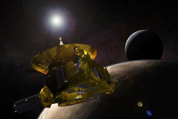 Artist's concept of the New Horizons spacecraft encountering Pluto and its largest moon, Charon, in July 2015.